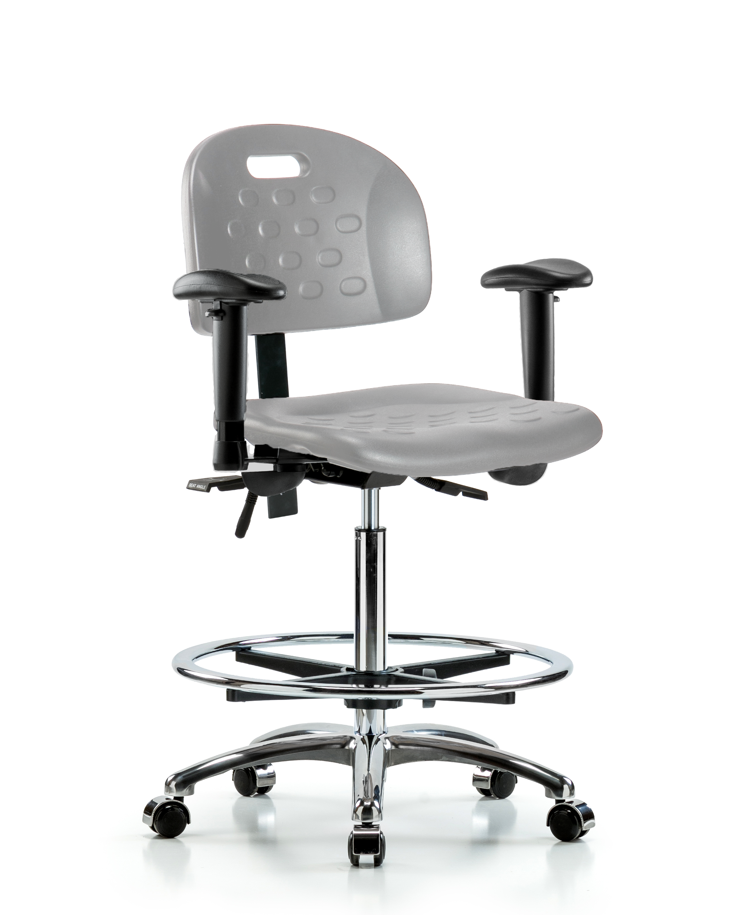 Newport Industrial Polyurethane Chair Chrome - High Bench Height with Seat Tilt, Adjustable Arms, Chrome Foot Ring, & Casters in Gray Polyurethane