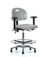 Newport Industrial Polyurethane Chair Chrome - High Bench Height with Seat Tilt, Adjustable Arms, Chrome Foot Ring, & Stationary Glides in Gray Polyurethane