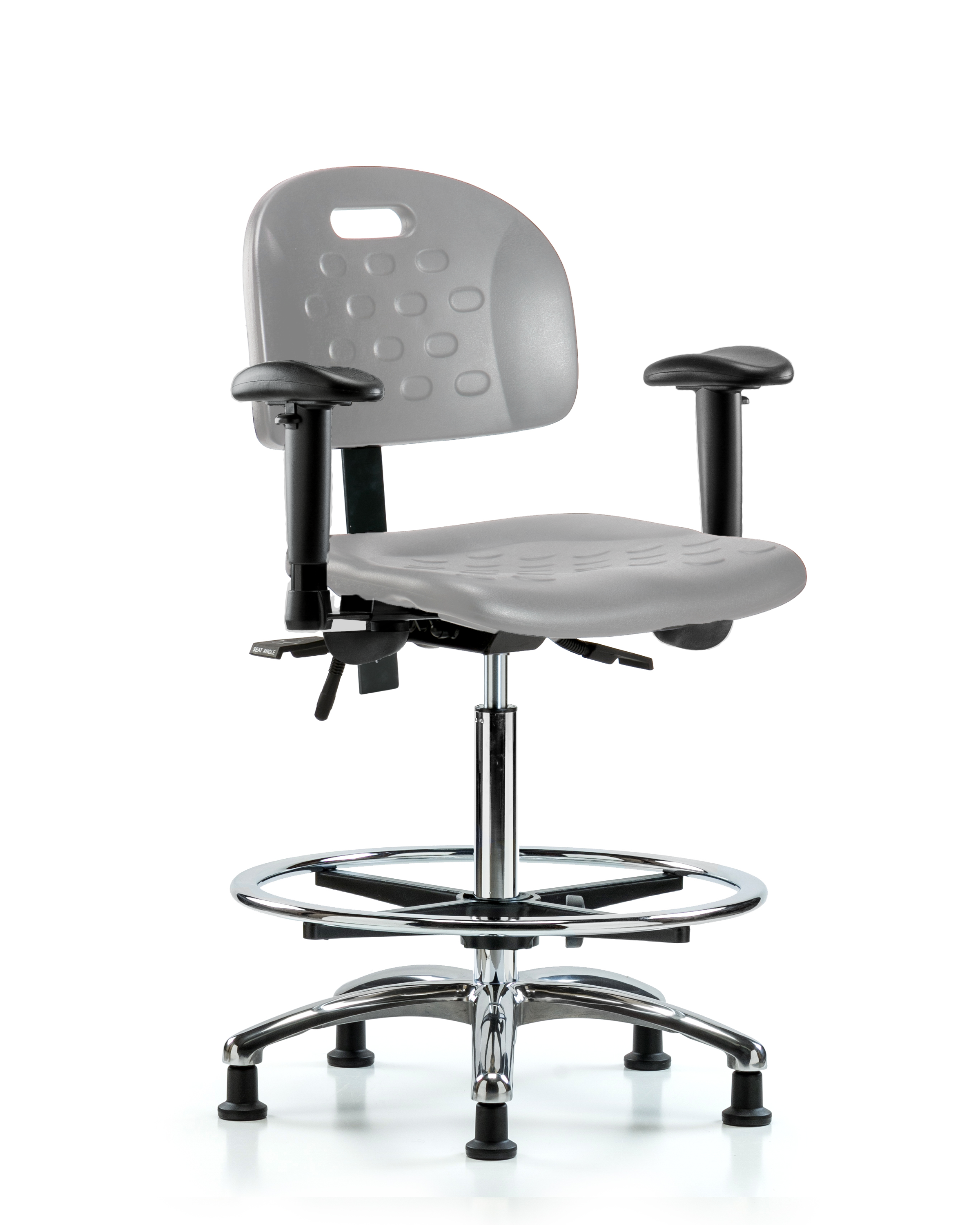 Newport Industrial Polyurethane Chair Chrome - High Bench Height with Seat Tilt, Adjustable Arms, Chrome Foot Ring, & Stationary Glides in Gray Polyurethane