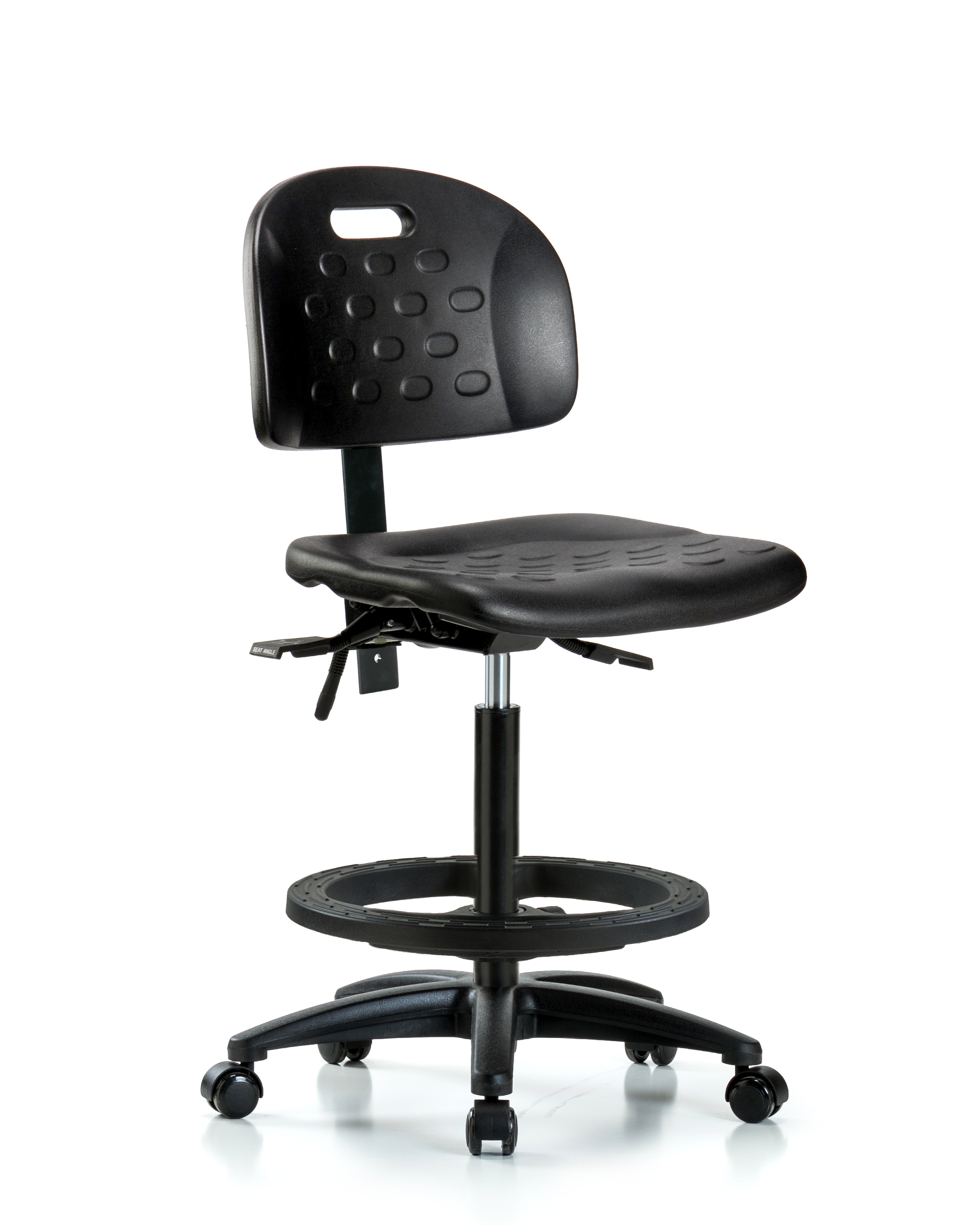 Newport Industrial Polyurethane Chair - High Bench Height with Black Foot Ring & Casters in Black Polyurethane