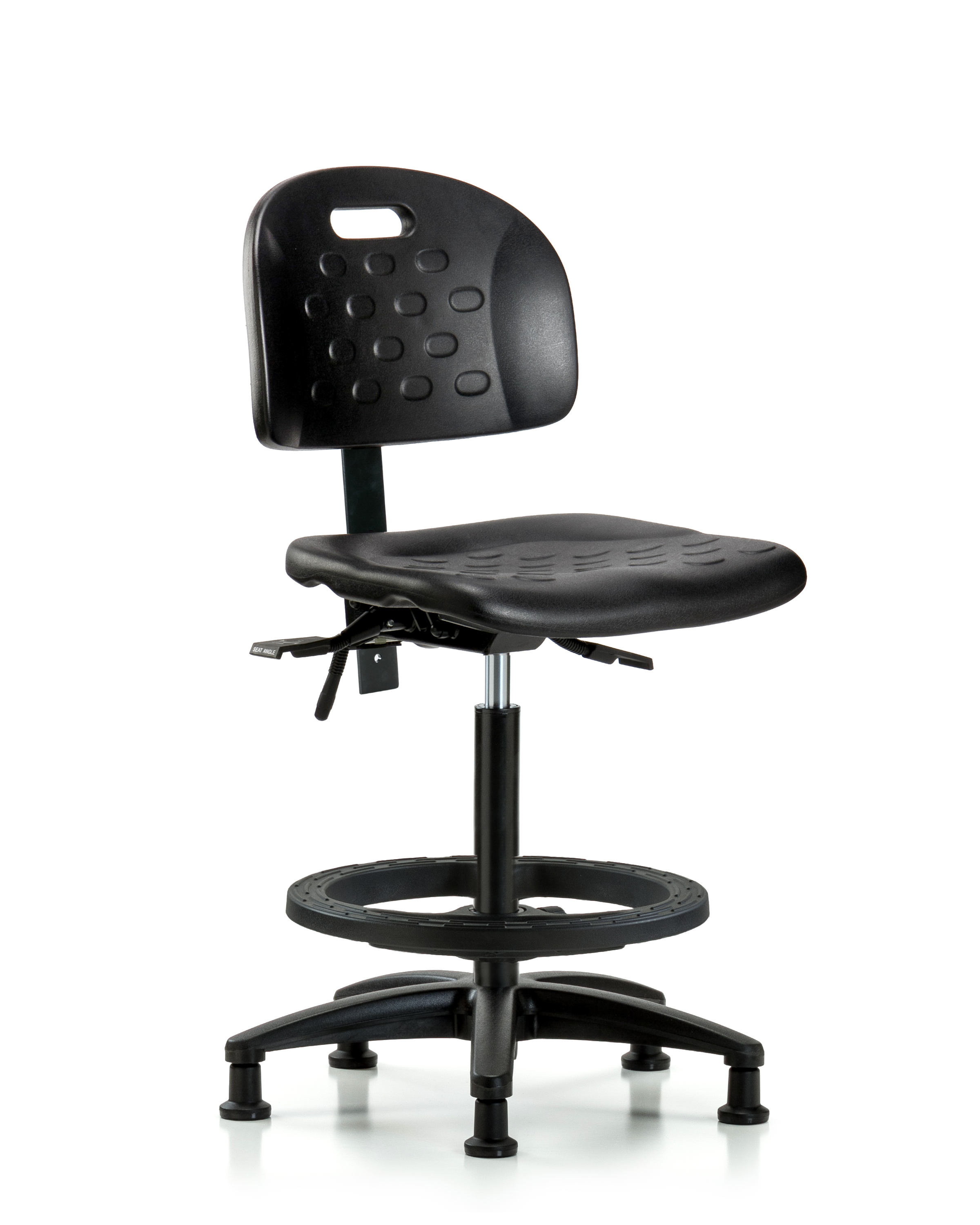 Newport Industrial Polyurethane Chair - High Bench Height with Black Foot Ring & Stationary Glides in Black Polyurethane