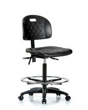 Newport Industrial Polyurethane Chair - High Bench Height with Chrome Foot Ring & Casters in Black Polyurethane