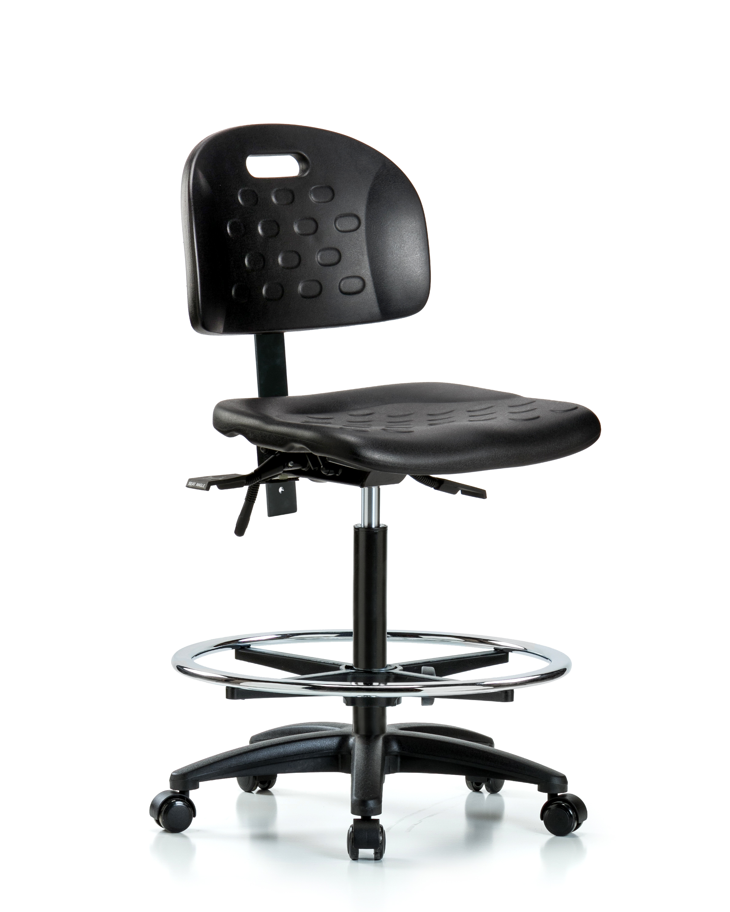 Newport Industrial Polyurethane Chair - High Bench Height with Chrome Foot Ring & Casters in Black Polyurethane