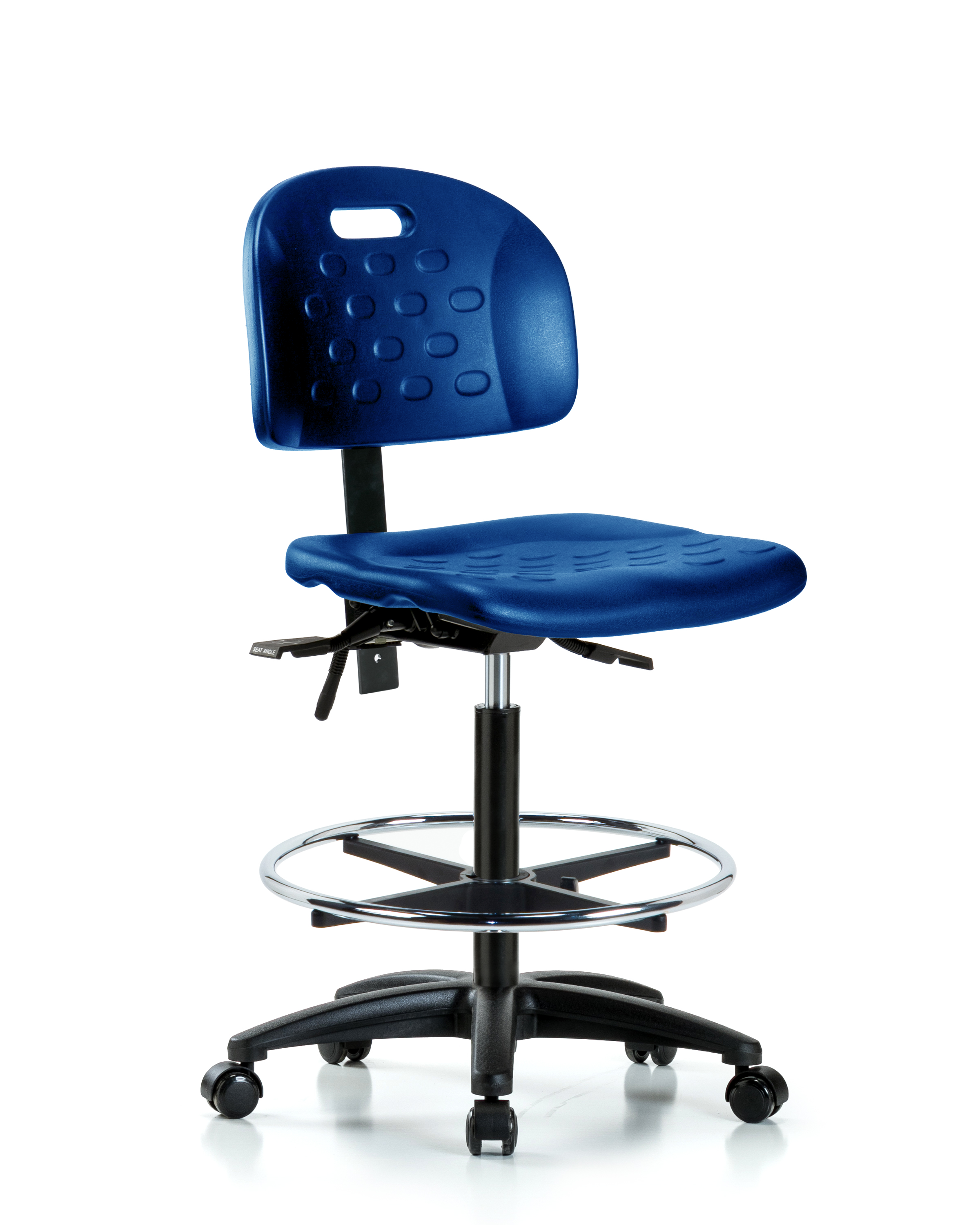 Newport Industrial Polyurethane Chair - High Bench Height with Chrome Foot Ring & Casters in Blue Polyurethane