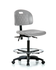Newport Industrial Polyurethane Chair - High Bench Height with Chrome Foot Ring & Casters in Gray Polyurethane