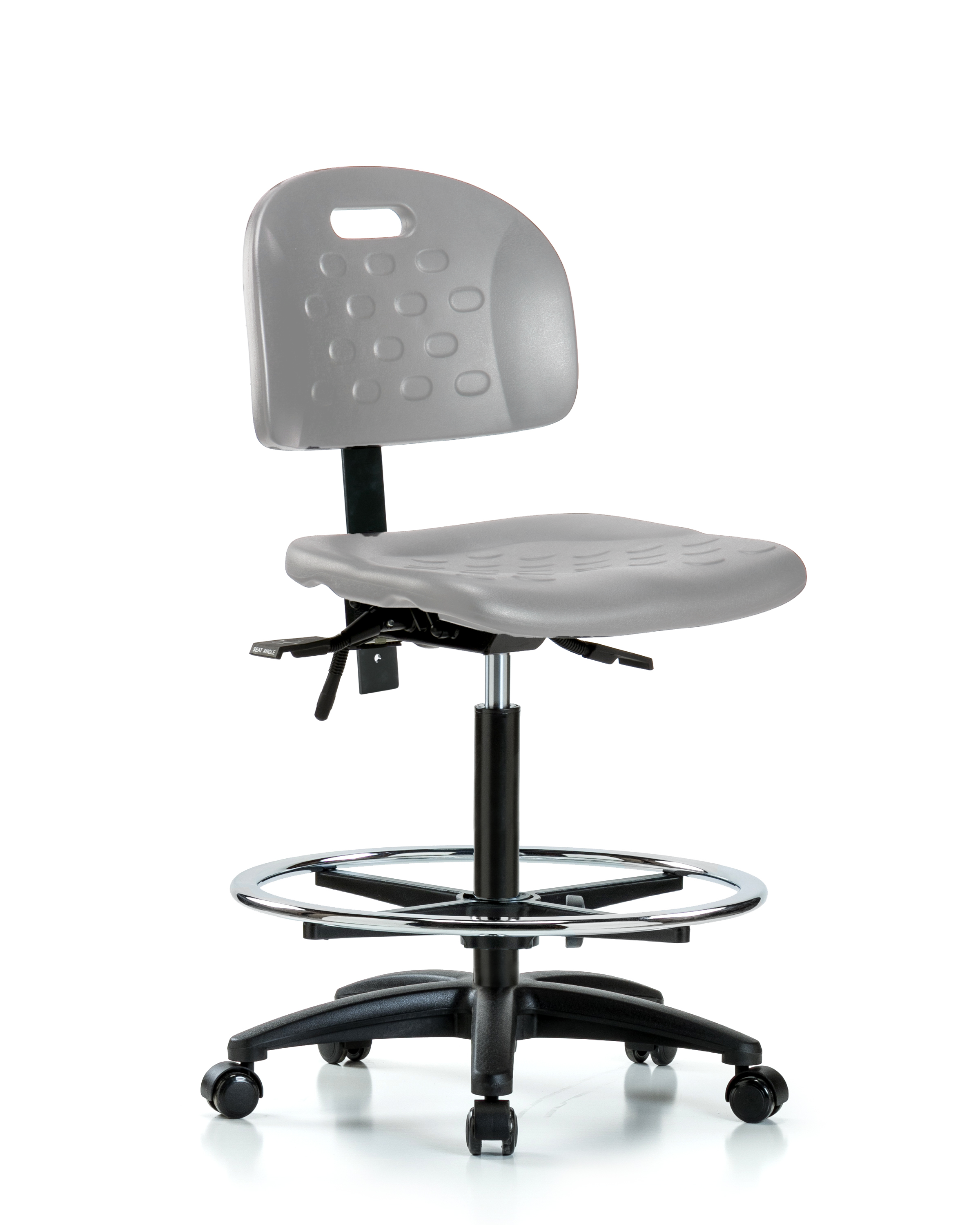 Newport Industrial Polyurethane Chair - High Bench Height with Chrome Foot Ring & Casters in Gray Polyurethane