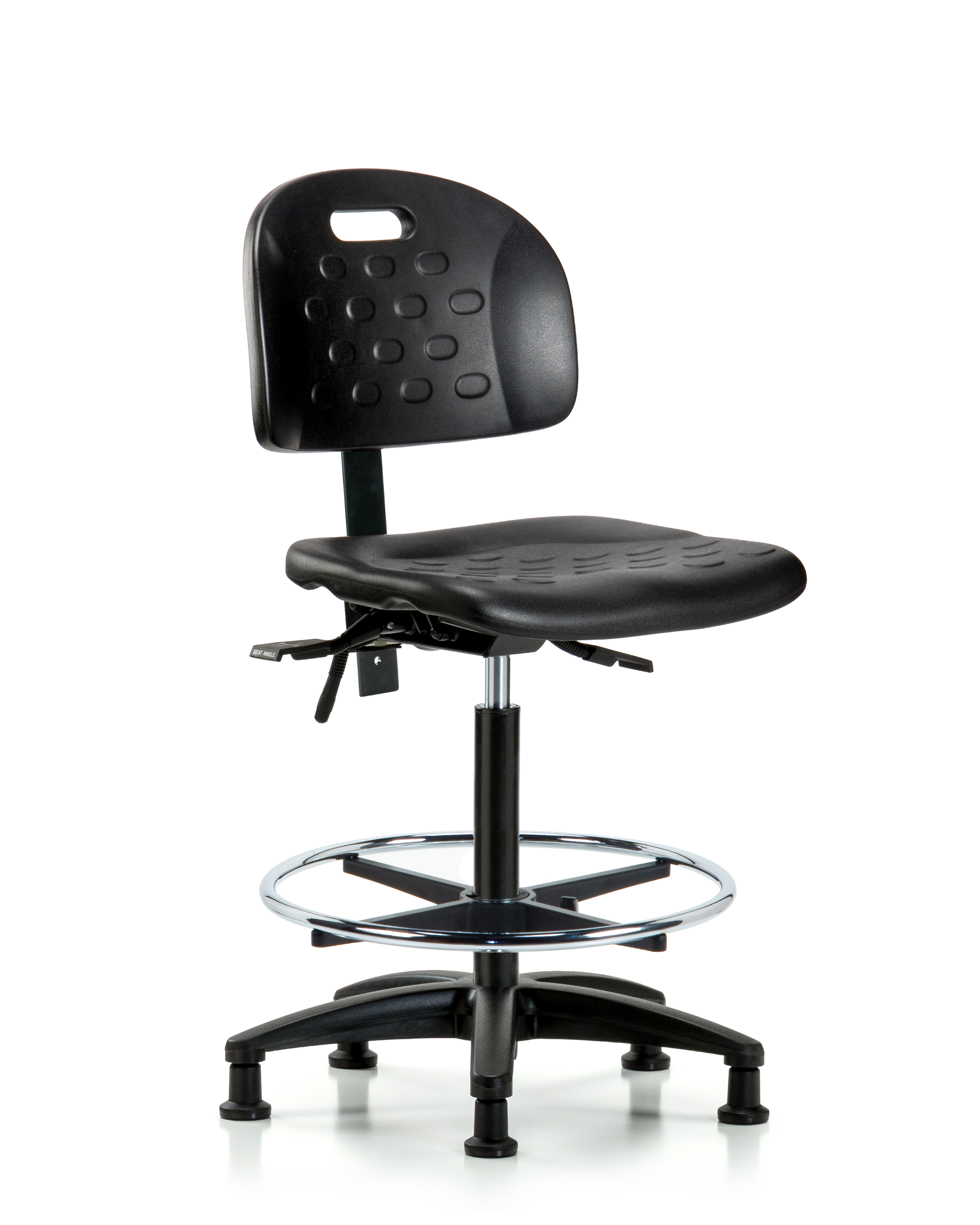 Newport Industrial Polyurethane Chair - High Bench Height with Chrome Foot Ring & Stationary Glides in Black Polyurethane