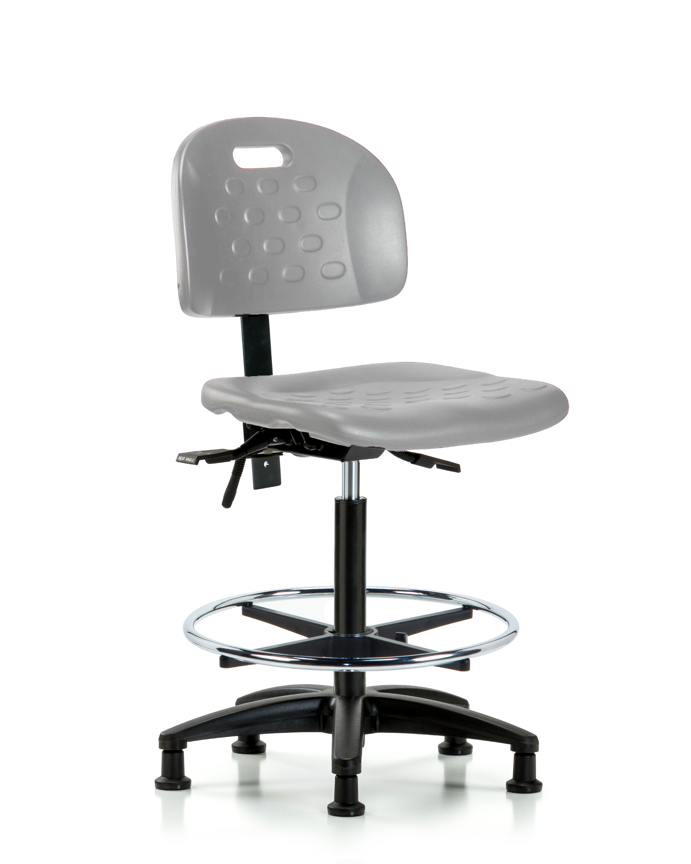 Newport Industrial Polyurethane Chair - High Bench Height with Chrome Foot Ring & Stationary Glides in Gray Polyurethane