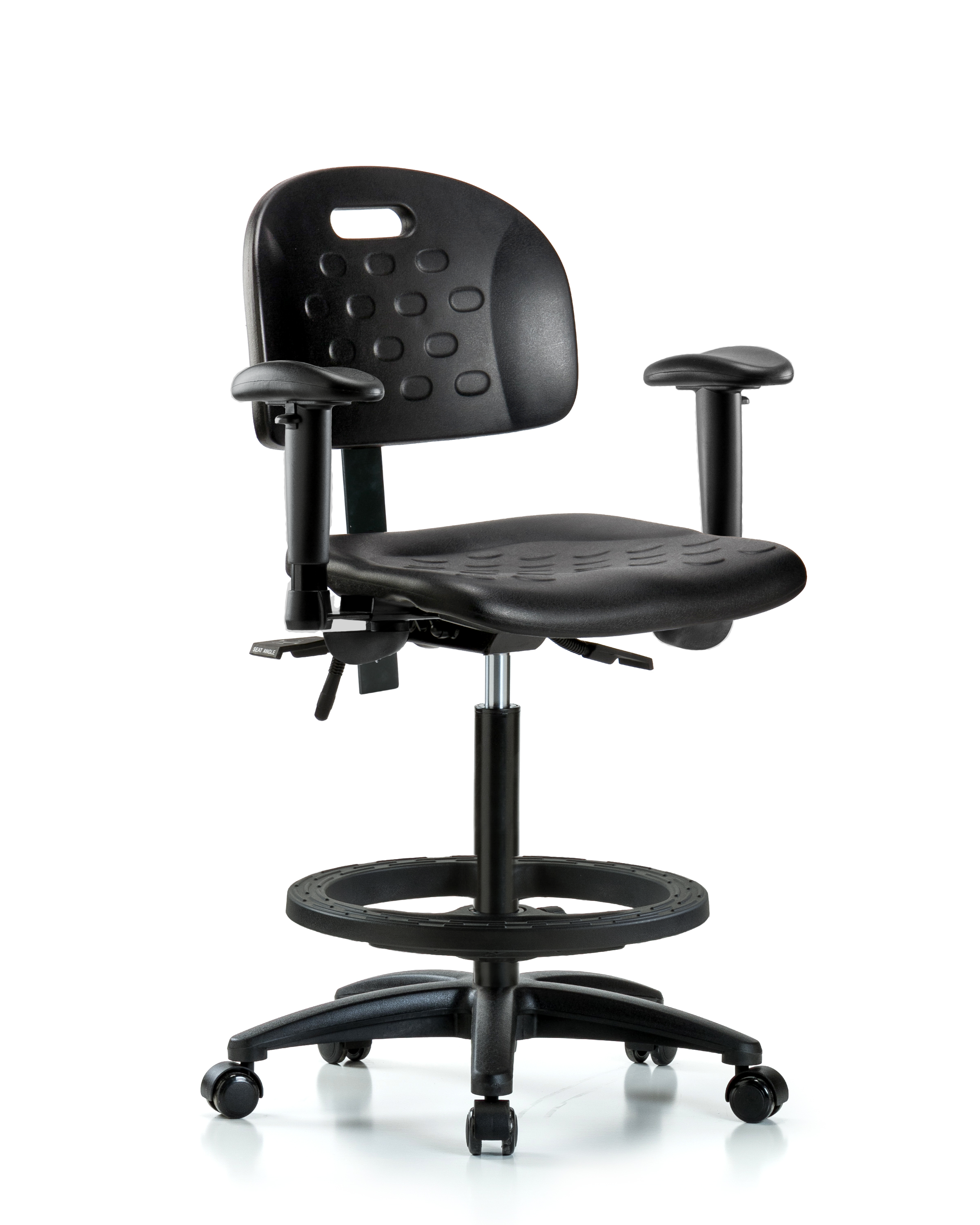 Newport Industrial Polyurethane Chair - High Bench Height with Adjustable Arms, Black Foot Ring, & Casters in Black Polyurethane