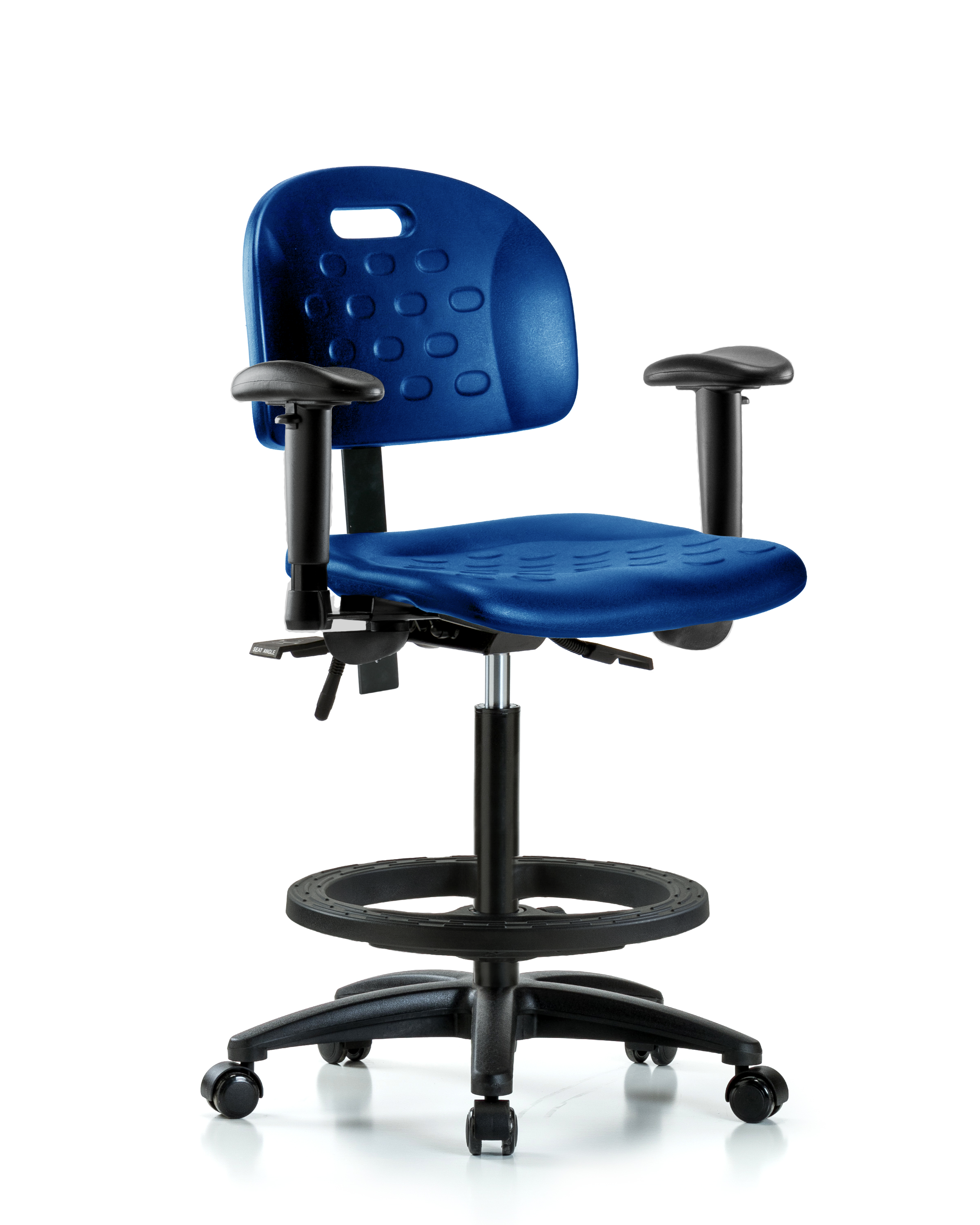 Newport Industrial Polyurethane Chair - High Bench Height with Adjustable Arms, Black Foot Ring, & Casters in Blue Polyurethane