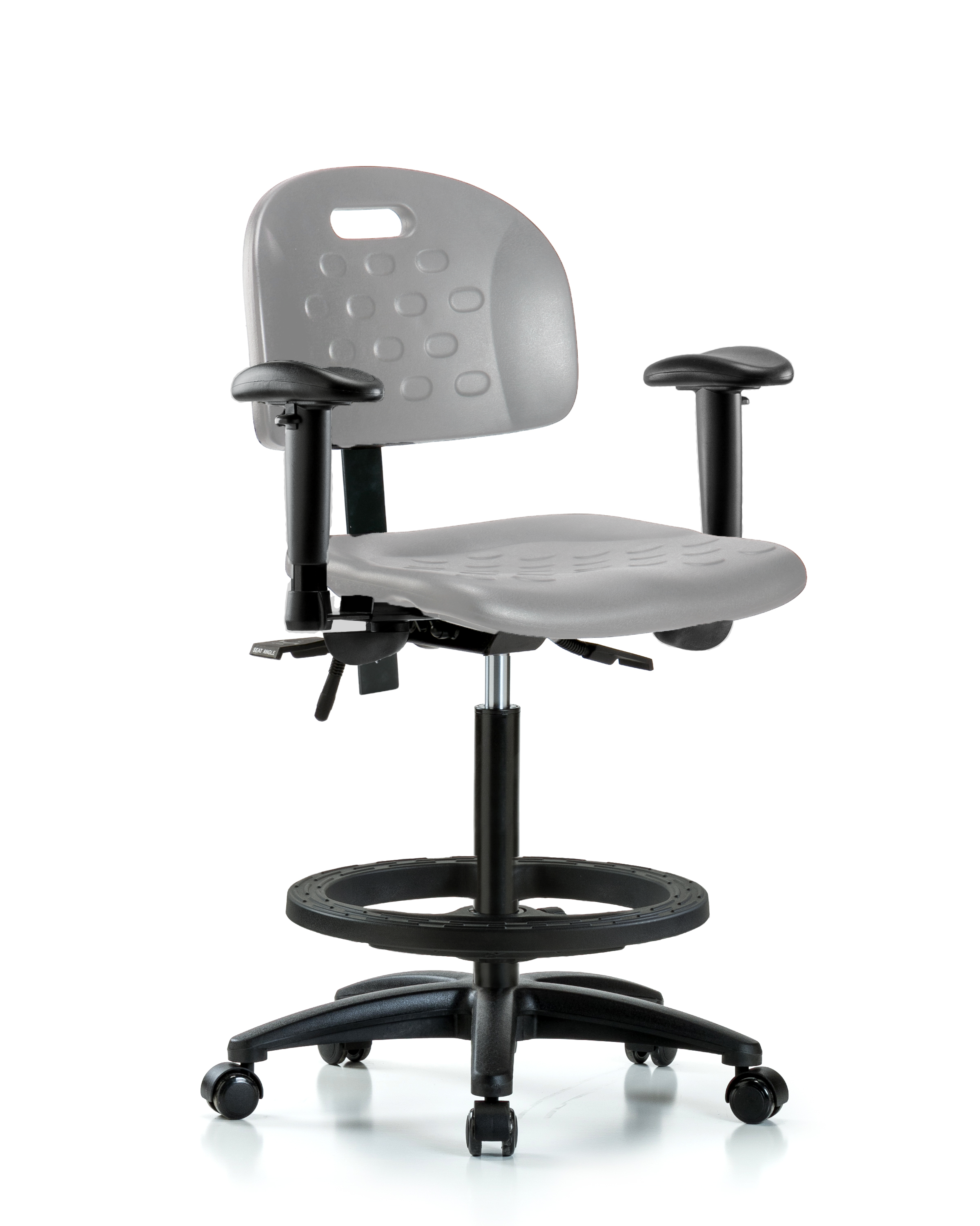 Newport Industrial Polyurethane Chair - High Bench Height with Adjustable Arms, Black Foot Ring, & Casters in Gray Polyurethane