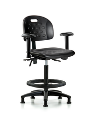 Newport Industrial Polyurethane Chair - High Bench Height with Adjustable Arms, Black Foot Ring, & Stationary Glides in Black Polyurethane