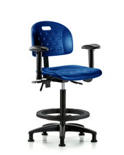 Newport Industrial Polyurethane Chair - High Bench Height with Adjustable Arms, Black Foot Ring, & Stationary Glides in Blue Polyurethane
