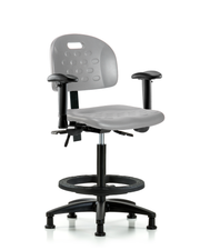 Newport Industrial Polyurethane Chair - High Bench Height with Adjustable Arms, Black Foot Ring, & Stationary Glides in Gray Polyurethane
