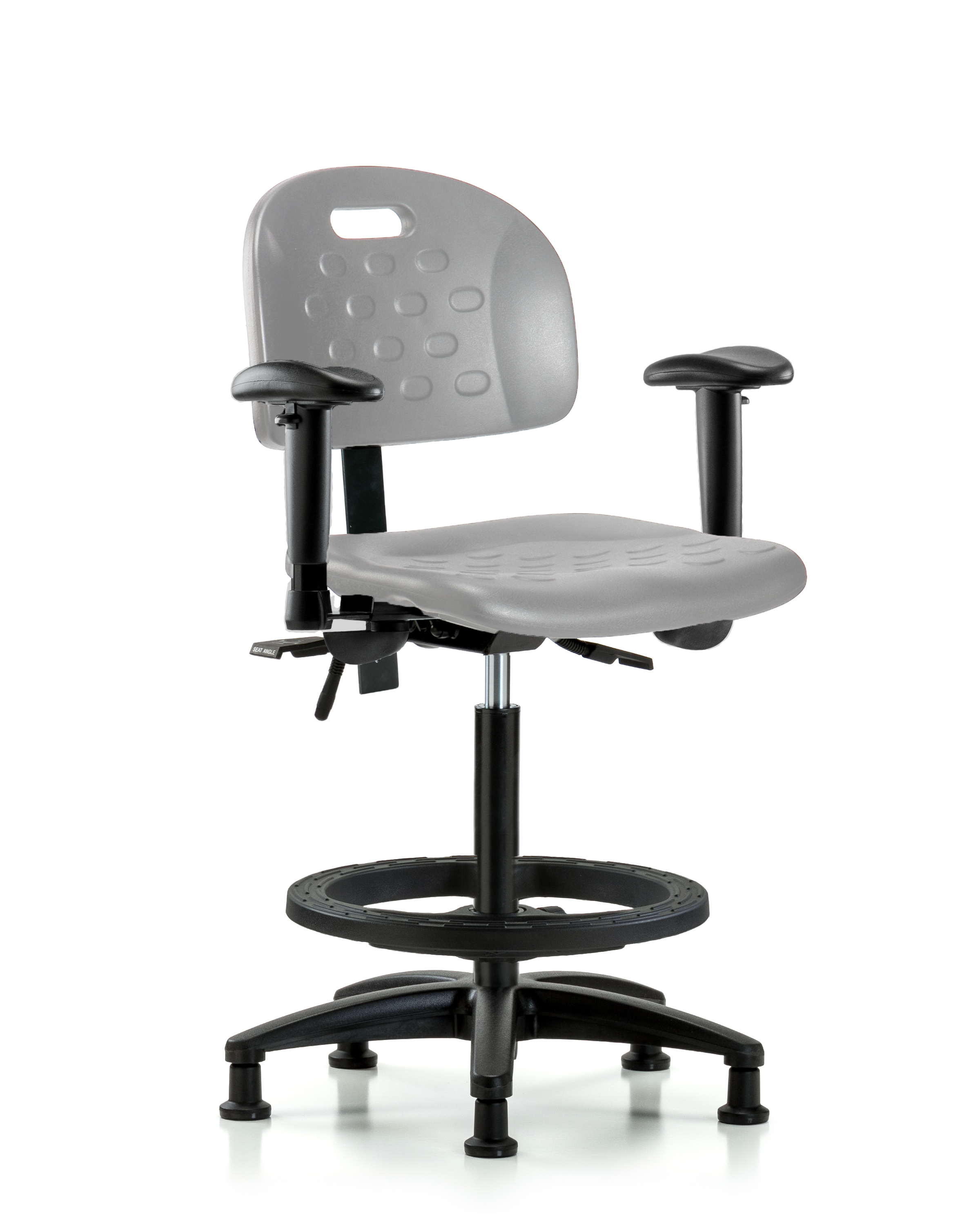 Newport Industrial Polyurethane Chair - High Bench Height with Adjustable Arms, Black Foot Ring, & Stationary Glides in Gray Polyurethane