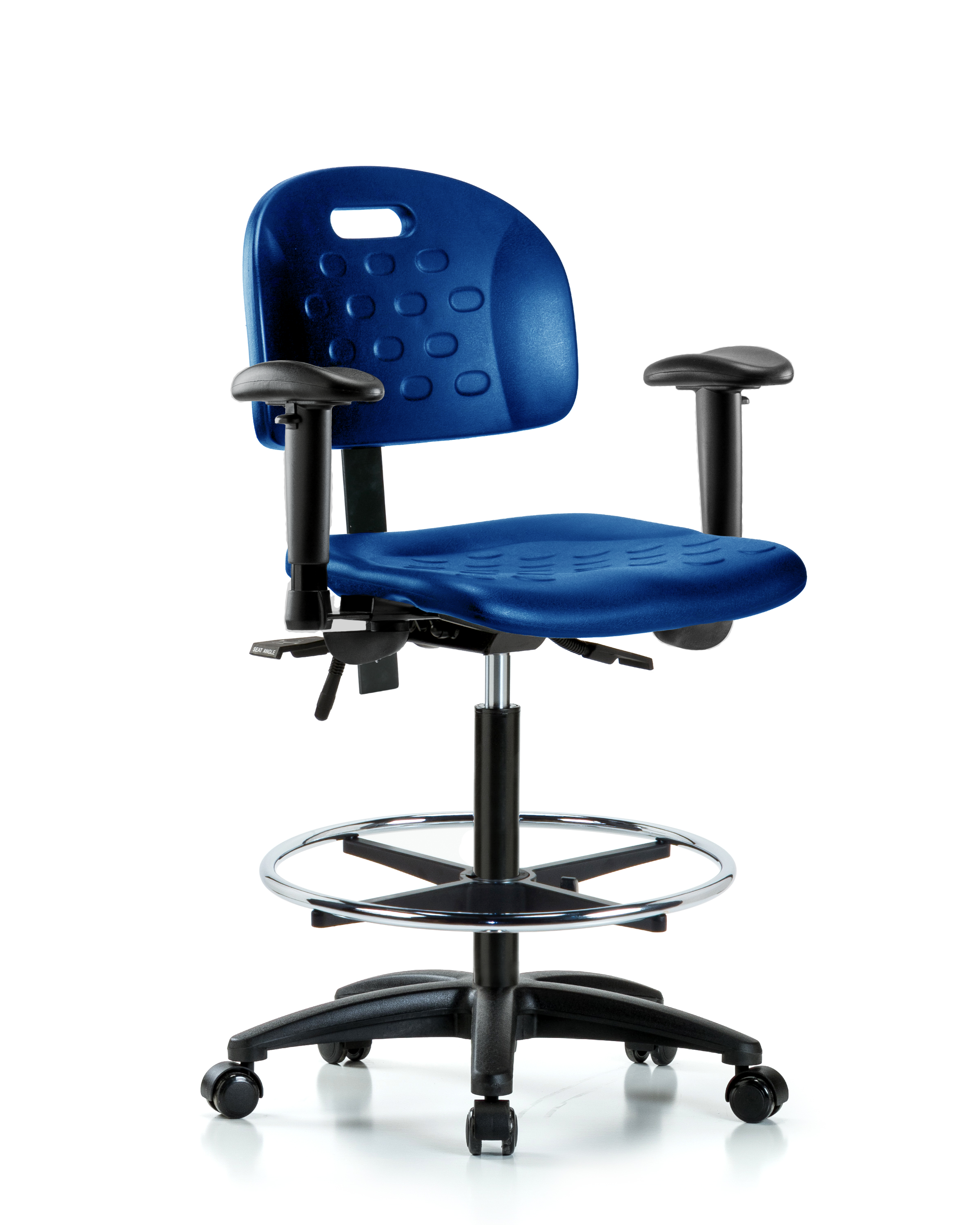 Newport Industrial Polyurethane Chair - High Bench Height with Adjustable Arms, Chrome Foot Ring, & Casters in Blue Polyurethane