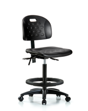 Newport Industrial Polyurethane Chair - High Bench Height with Seat Tilt, Black Foot Ring, & Casters in Black Polyurethane