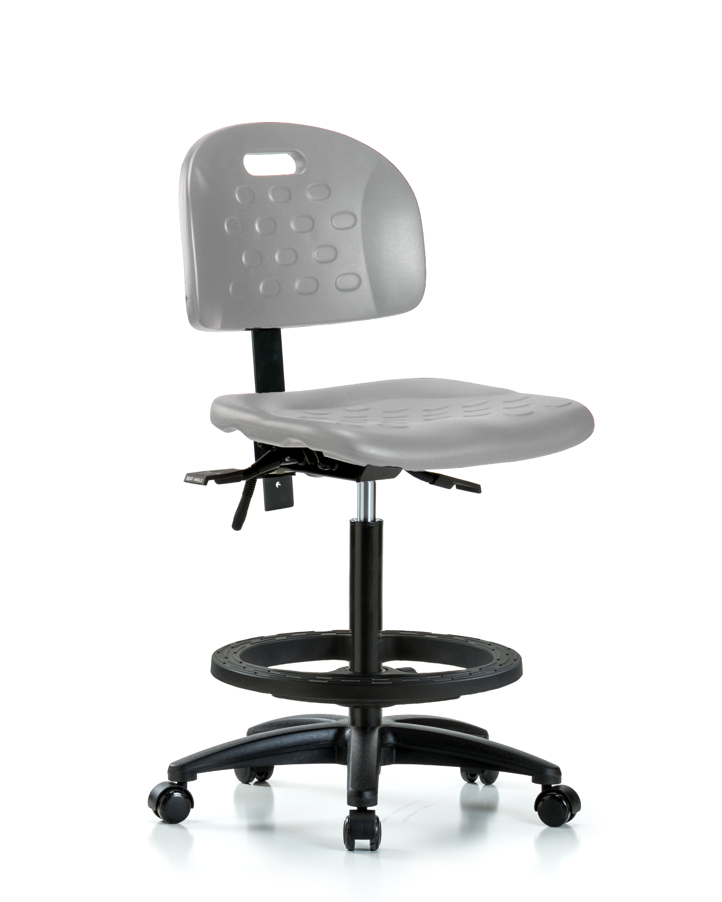 Newport Industrial Polyurethane Chair - High Bench Height with Seat Tilt, Black Foot Ring, & Casters in Gray Polyurethane