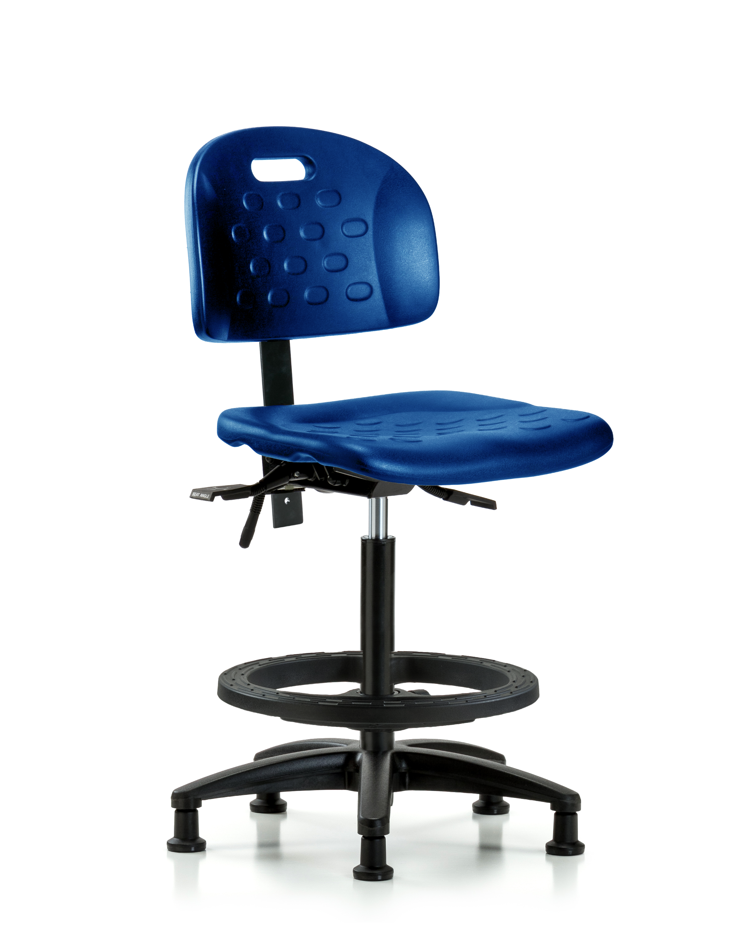 Newport Industrial Polyurethane Chair - High Bench Height with Seat Tilt, Black Foot Ring, & Stationary Glides in Blue Polyurethane