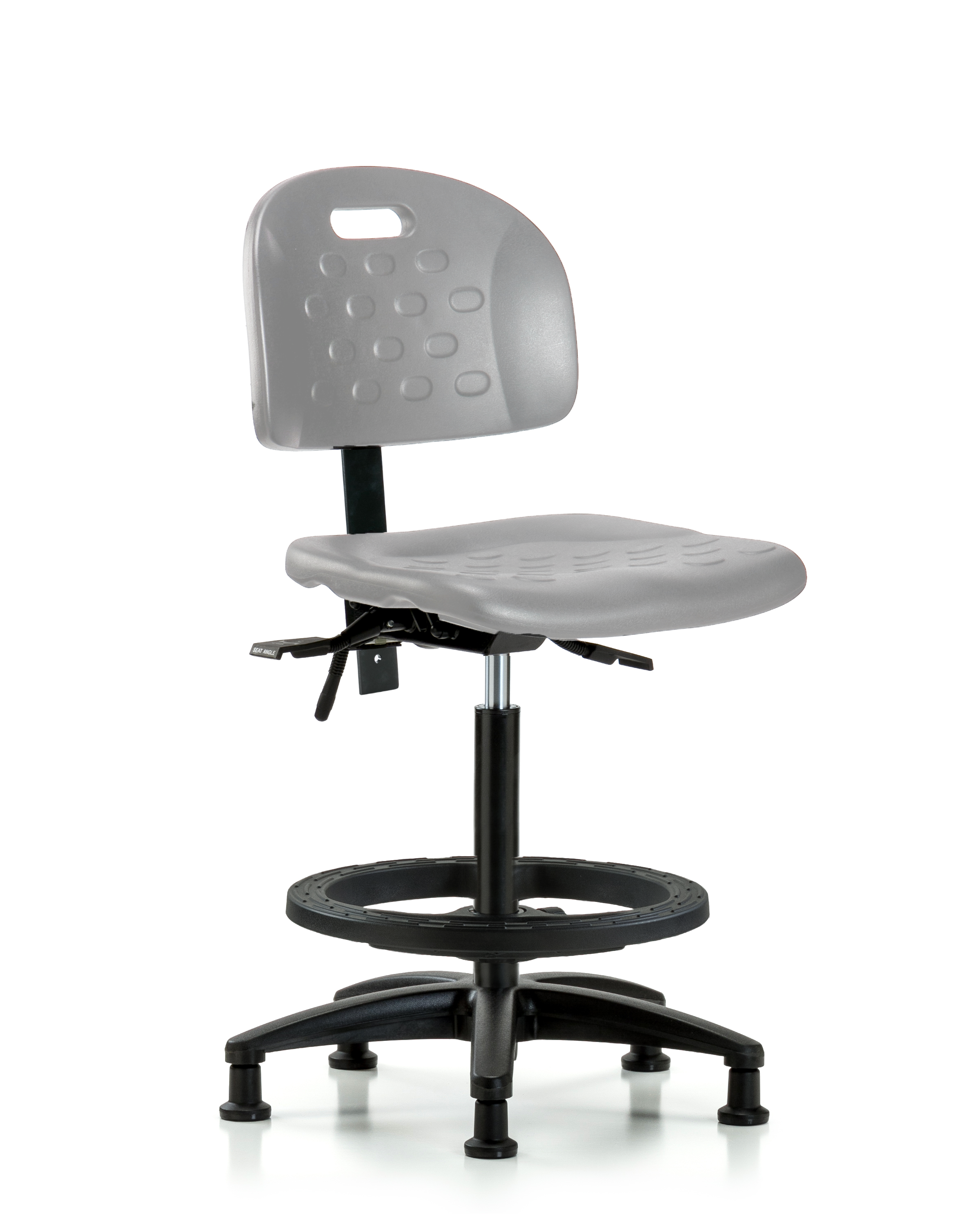 Newport Industrial Polyurethane Chair - High Bench Height with Seat Tilt, Black Foot Ring, & Stationary Glides in Gray Polyurethane