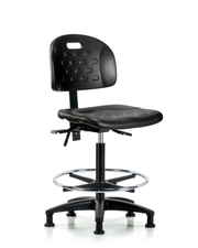 Newport Industrial Polyurethane Chair - High Bench Height with Seat Tilt, Chrome Foot Ring, & Stationary Glides in Black Polyurethane
