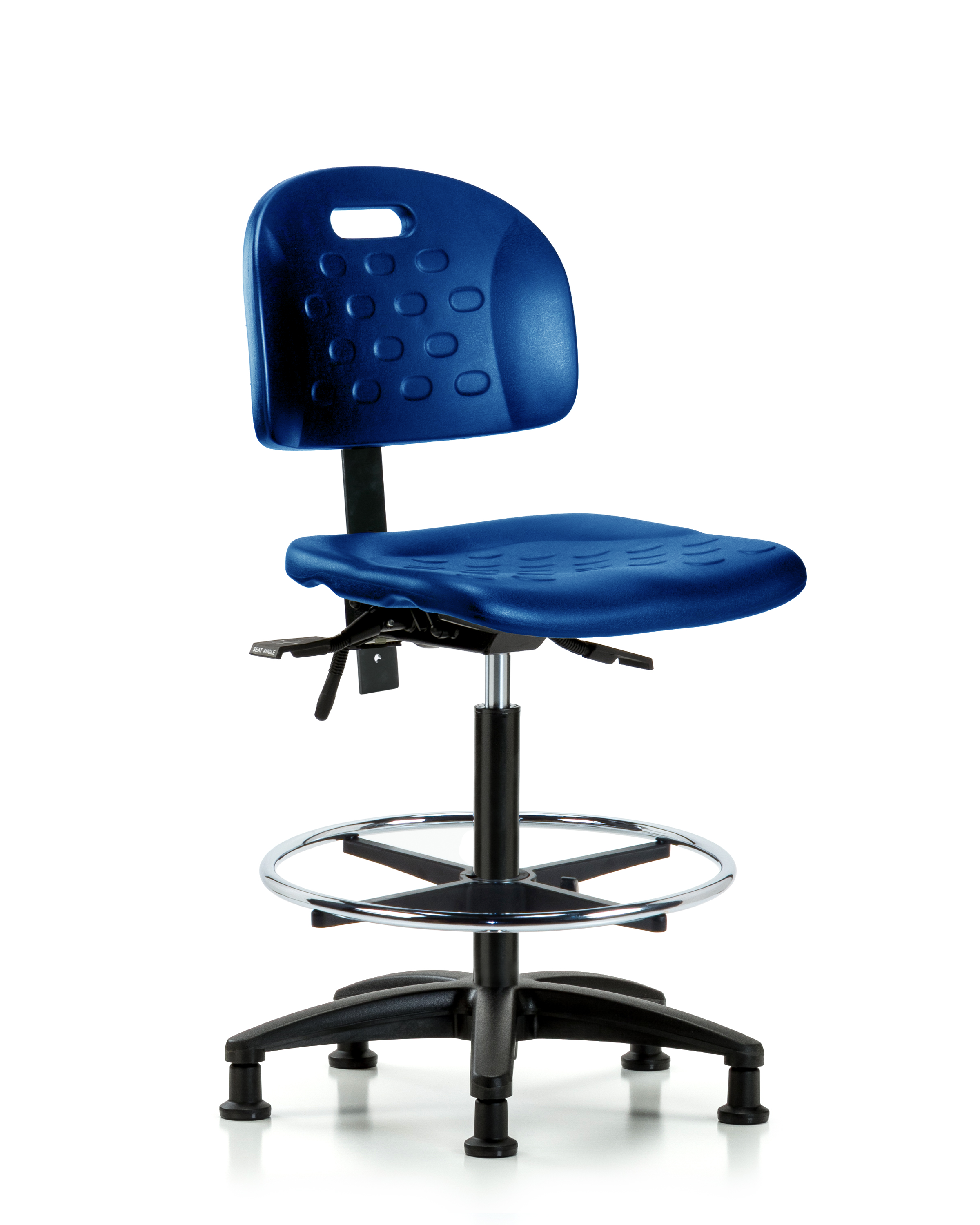 Newport Industrial Polyurethane Chair - High Bench Height with Seat Tilt, Chrome Foot Ring, & Stationary Glides in Blue Polyurethane