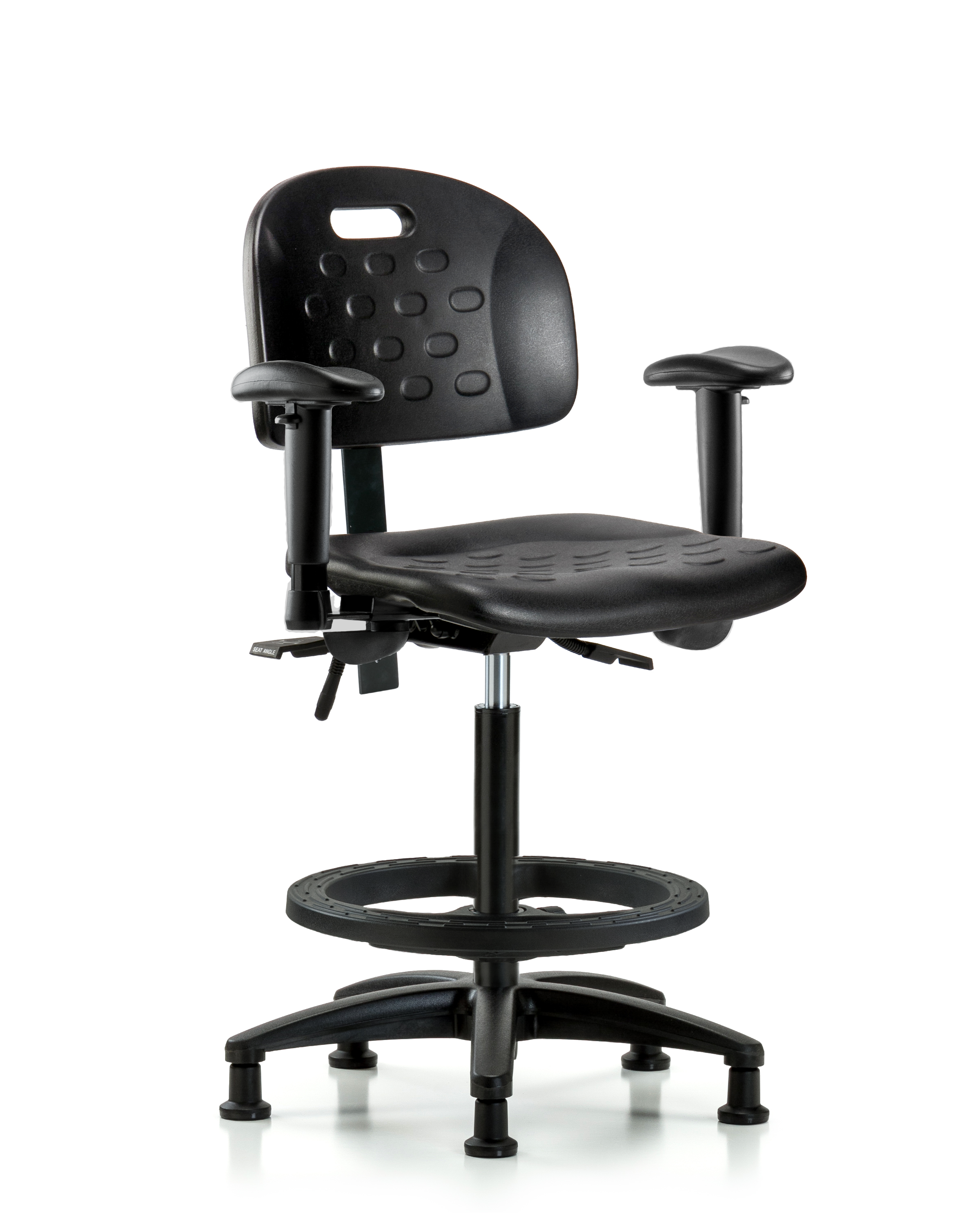 Newport Industrial Polyurethane Chair - High Bench Height with Seat Tilt, Adjustable Arms, Black Foot Ring, & Stationary Glides in Black Polyurethane