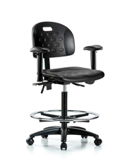 Newport Industrial Polyurethane Chair - High Bench Height with Seat Tilt, Adjustable Arms, Chrome Foot Ring, & Casters in Black Polyurethane