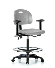 Newport Industrial Polyurethane Chair - High Bench Height with Seat Tilt, Adjustable Arms, Chrome Foot Ring, & Casters in Gray Polyurethane