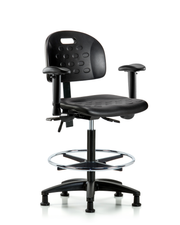 Newport Industrial Polyurethane Chair - High Bench Height with Seat Tilt, Adjustable Arms, Chrome Foot Ring, & Stationary Glides in Black Polyurethane