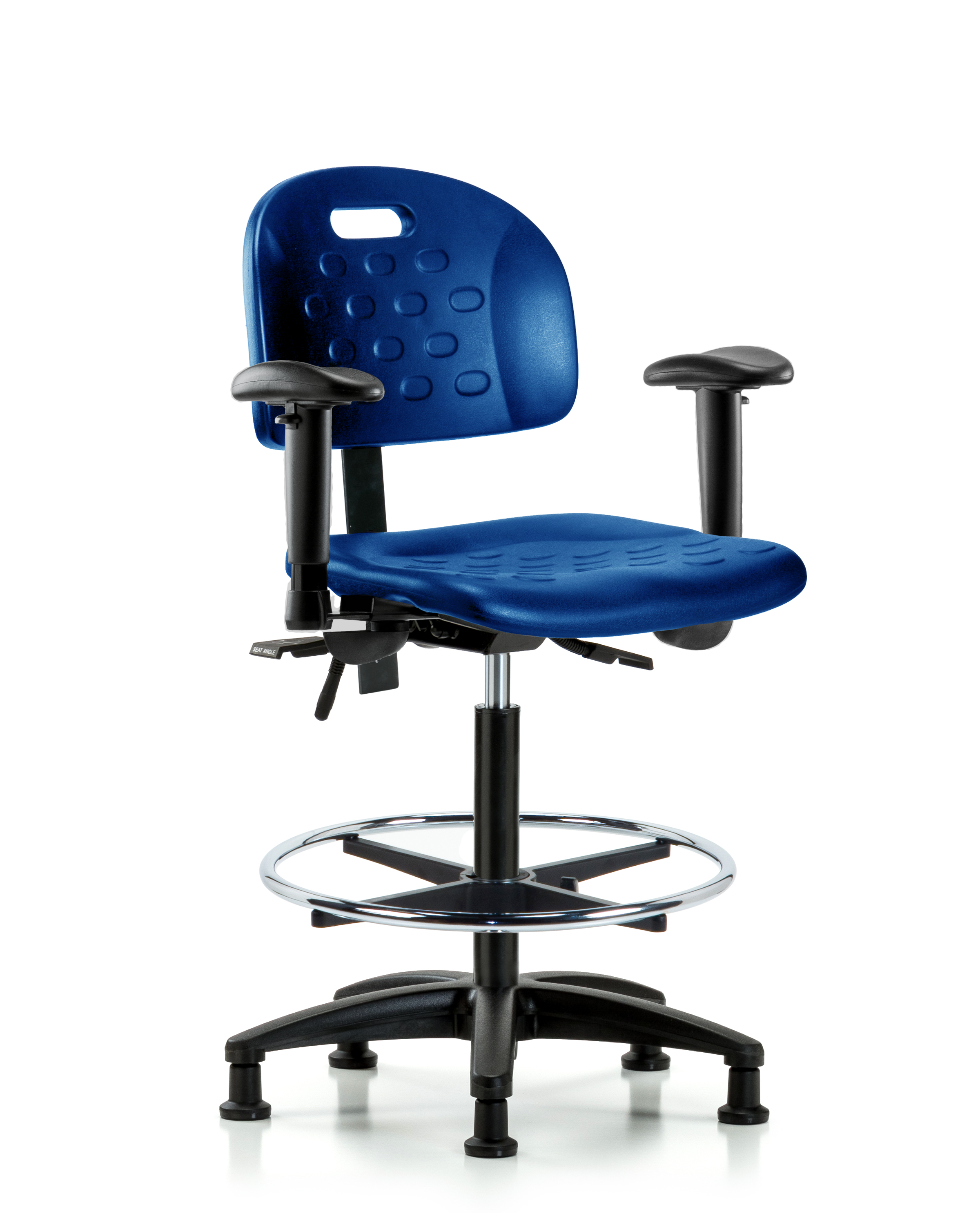 Newport Industrial Polyurethane Chair - High Bench Height with Seat Tilt, Adjustable Arms, Chrome Foot Ring, & Stationary Glides in Blue Polyurethane