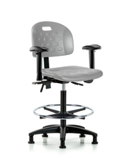 Newport Industrial Polyurethane Chair - High Bench Height with Seat Tilt, Adjustable Arms, Chrome Foot Ring, & Stationary Glides in Gray Polyurethane