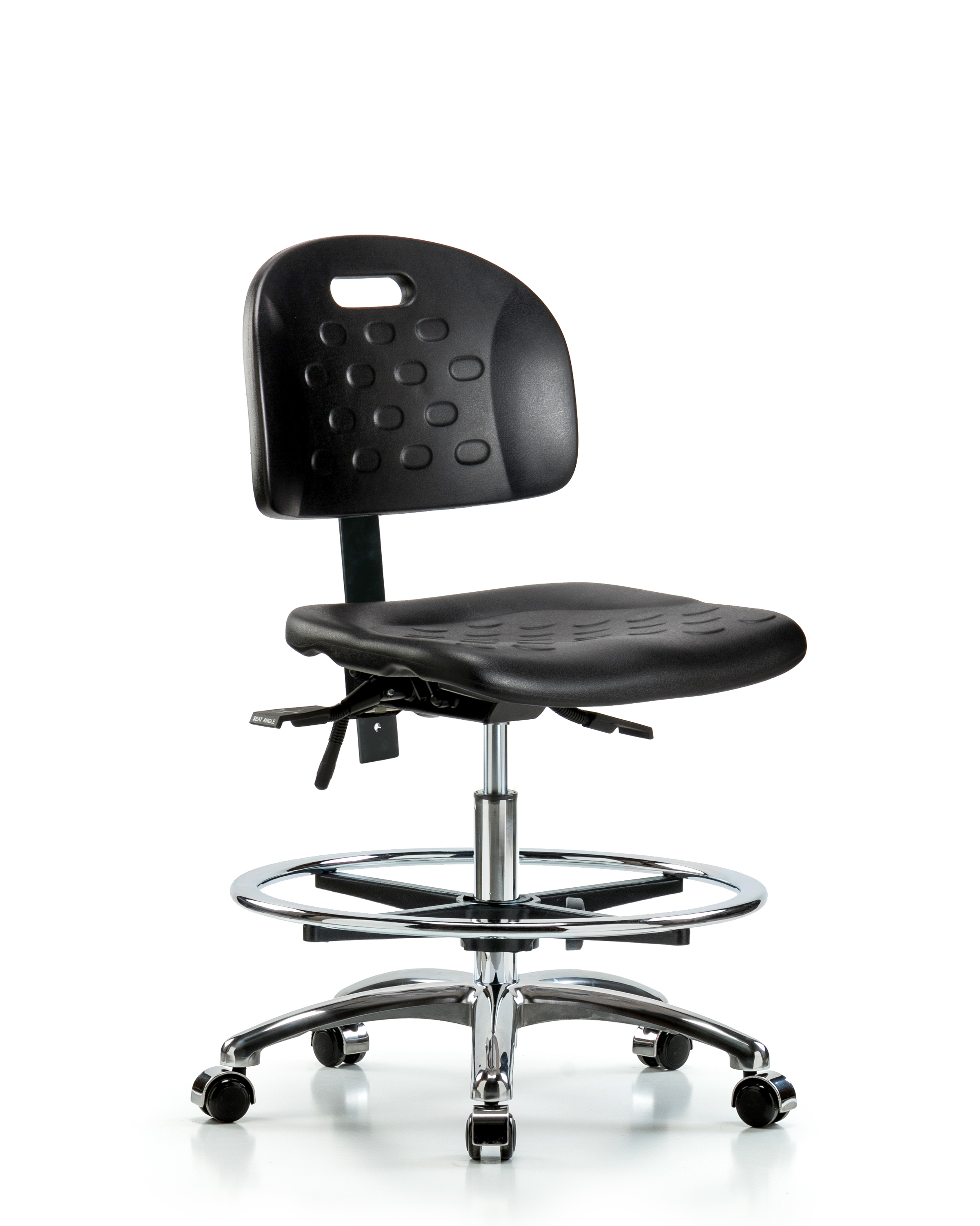 Newport Industrial Polyurethane Chair Chrome - Medium Bench Height with Chrome Foot Ring & Casters in Black Polyurethane