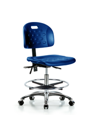 Newport Industrial Polyurethane Chair Chrome - Medium Bench Height with Chrome Foot Ring & Casters in Blue Polyurethane