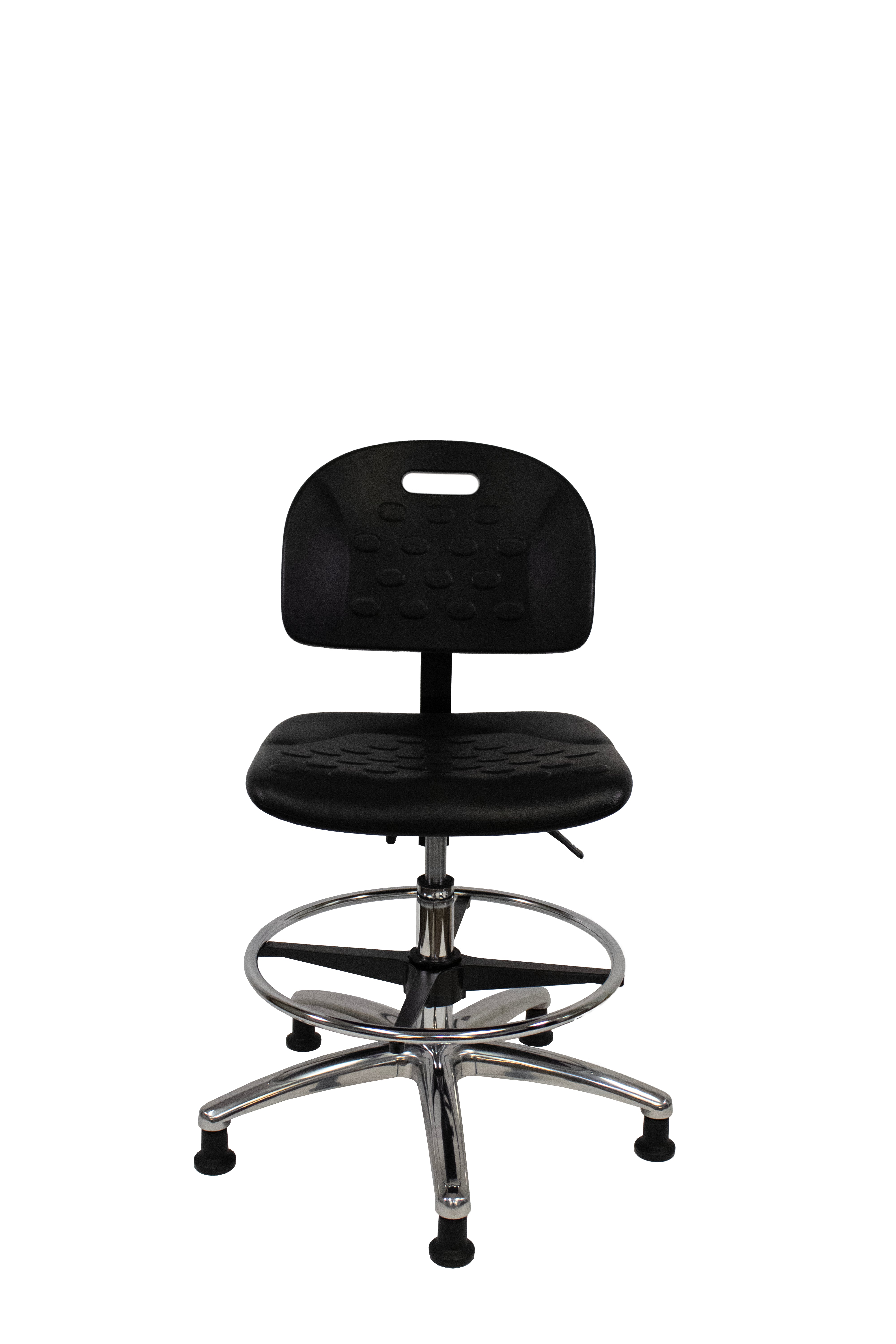 Newport Industrial Polyurethane Chair Chrome - Medium Bench Height with Chrome Foot Ring & Stationary Glides in Black Polyurethane