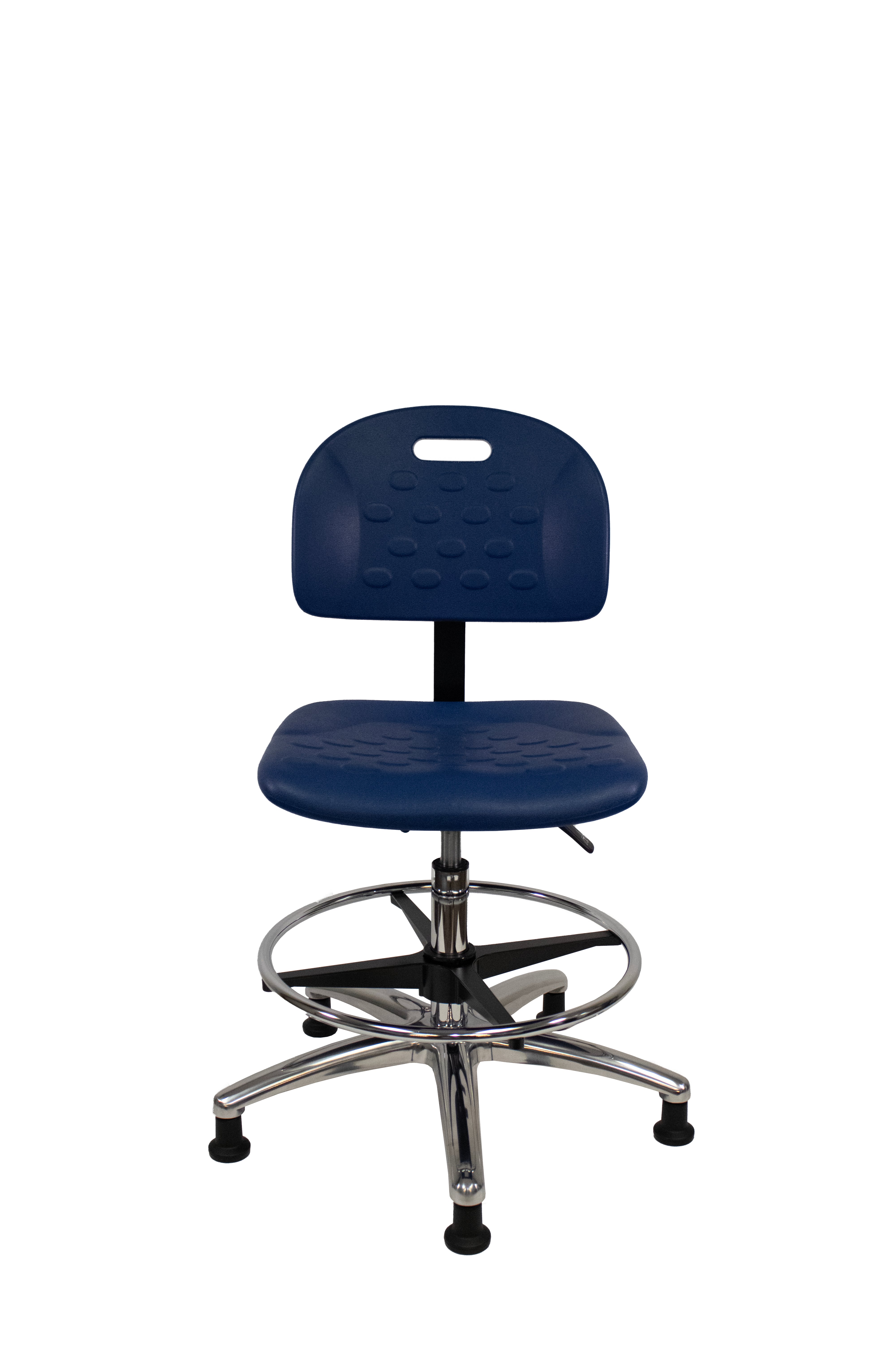Newport Industrial Polyurethane Chair Chrome - Medium Bench Height with Chrome Foot Ring & Stationary Glides in Blue Polyurethane