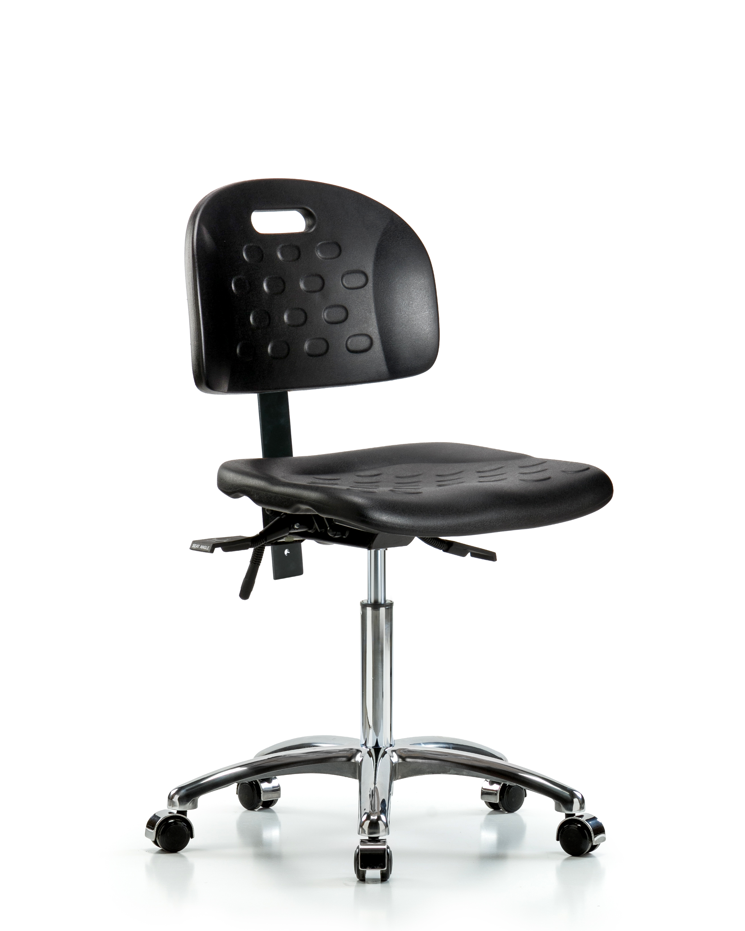 Newport Industrial Polyurethane Chair Chrome - Medium Bench Height with Casters in Black Polyurethane