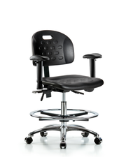 Newport Industrial Polyurethane Chair Chrome - Medium Bench Height with Adjustable Arms, Chrome Foot Ring, & Casters in Black Polyurethane