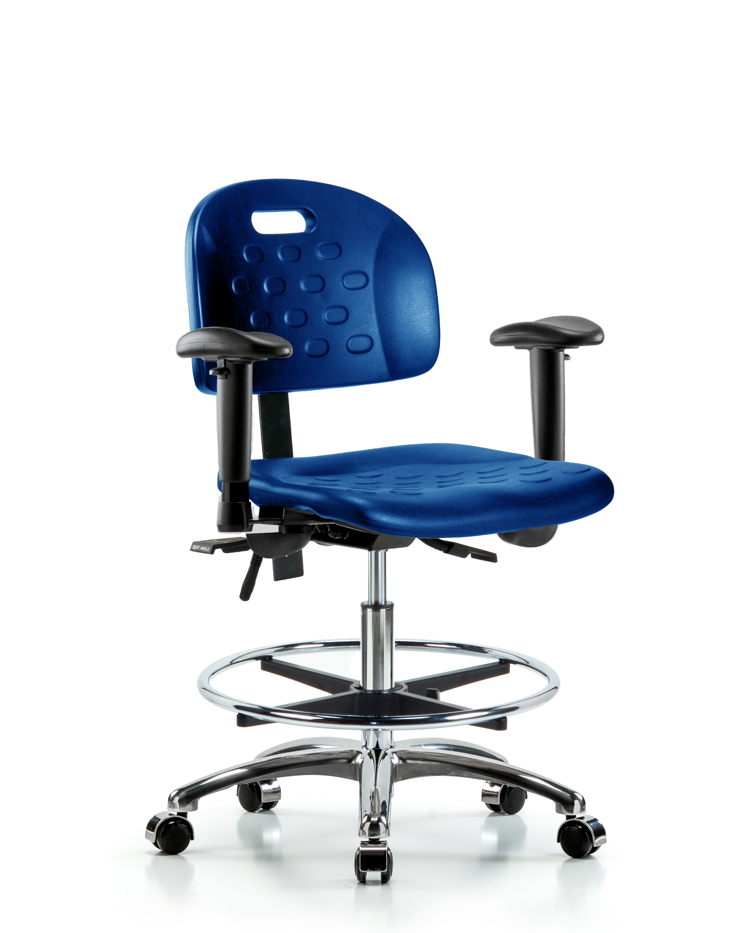 Newport Industrial Polyurethane Chair Chrome - Medium Bench Height with Adjustable Arms, Chrome Foot Ring, & Casters in Blue Polyurethane