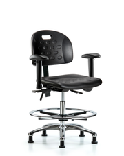 Newport Industrial Polyurethane Chair Chrome - Medium Bench Height with Adjustable Arms, Chrome Foot Ring, & Stationary Glides in Black Polyurethane