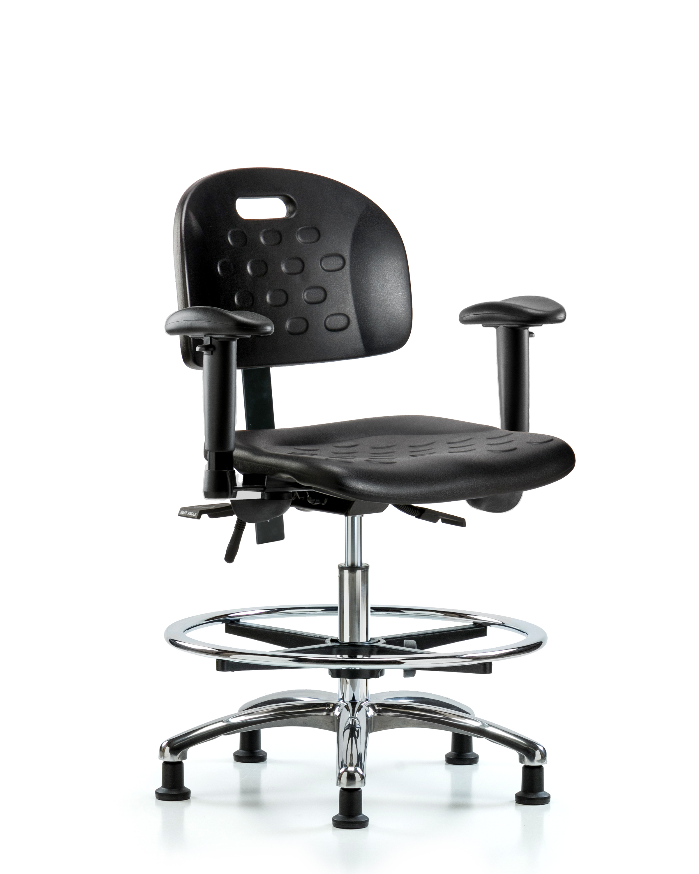 Newport Industrial Polyurethane Chair Chrome - Medium Bench Height with Adjustable Arms, Chrome Foot Ring, & Stationary Glides in Black Polyurethane