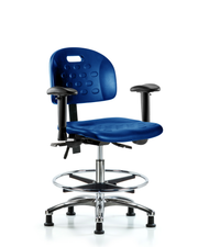 Newport Industrial Polyurethane Chair Chrome - Medium Bench Height with Adjustable Arms, Chrome Foot Ring, & Stationary Glides in Blue Polyurethane
