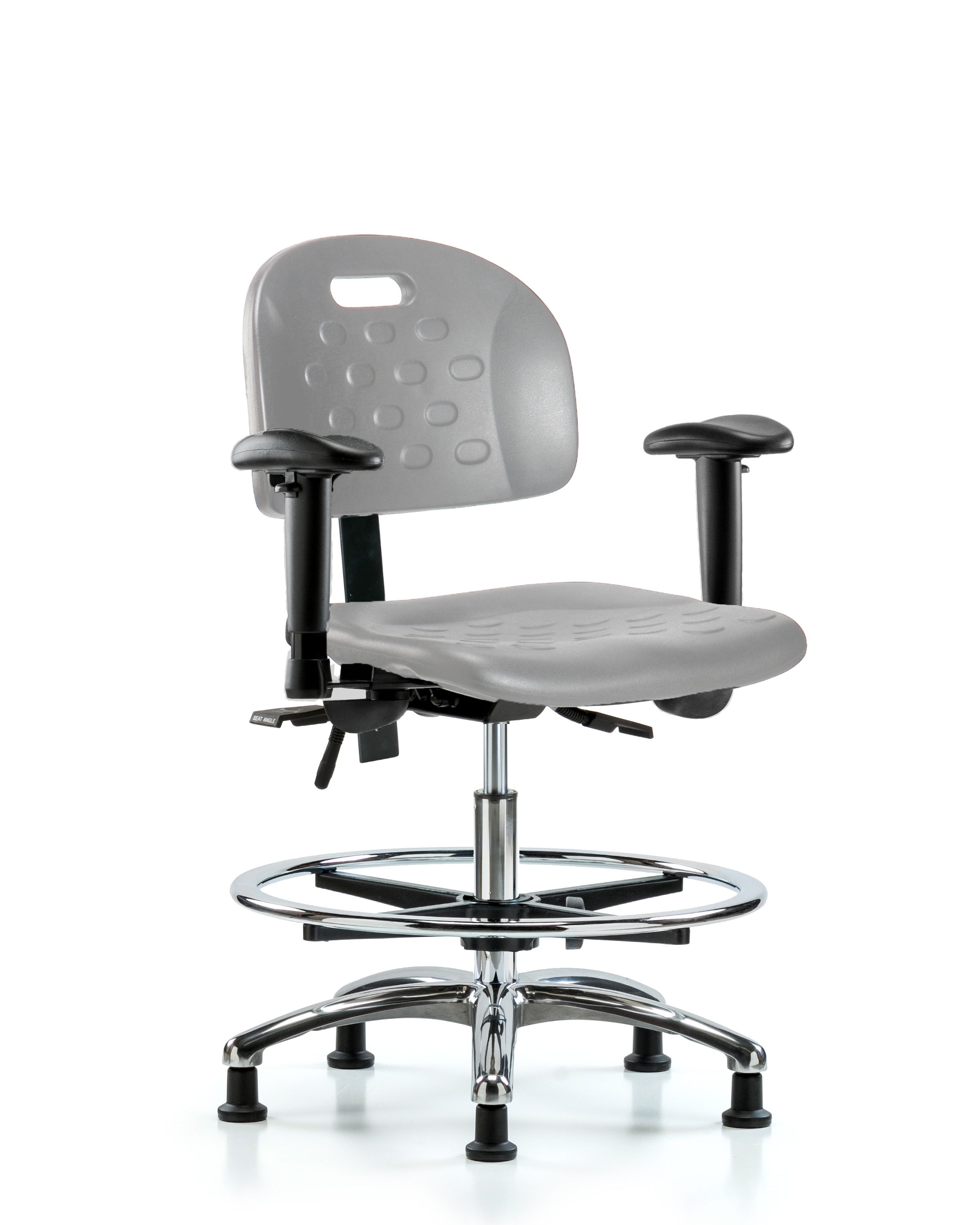 Newport Industrial Polyurethane Chair Chrome - Medium Bench Height with Adjustable Arms, Chrome Foot Ring, & Stationary Glides in Gray Polyurethane