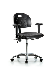 Newport Industrial Polyurethane Chair Chrome - Medium Bench Height with Adjustable Arms & Casters in Black Polyurethane