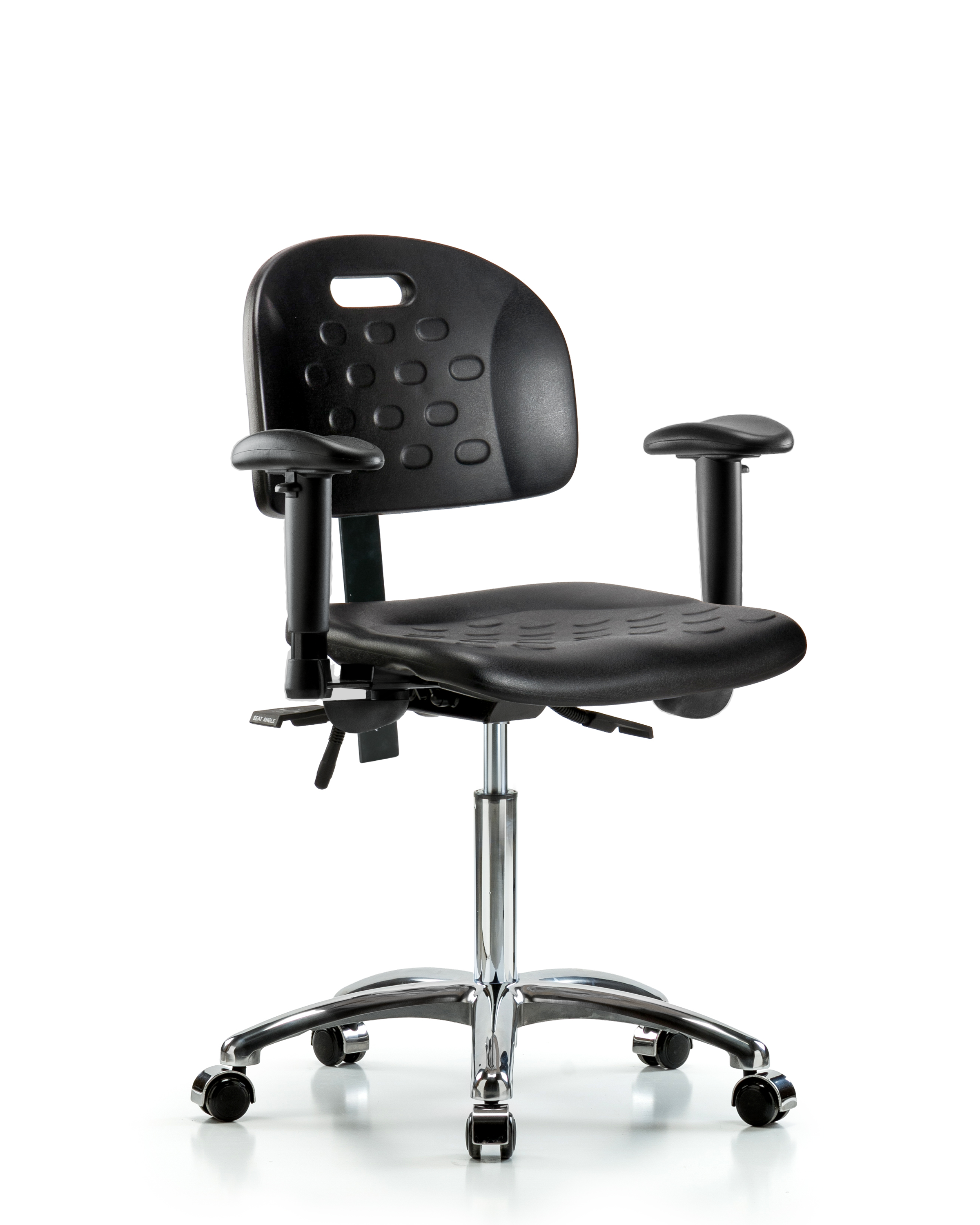 Newport Industrial Polyurethane Chair Chrome - Medium Bench Height with Adjustable Arms & Casters in Black Polyurethane