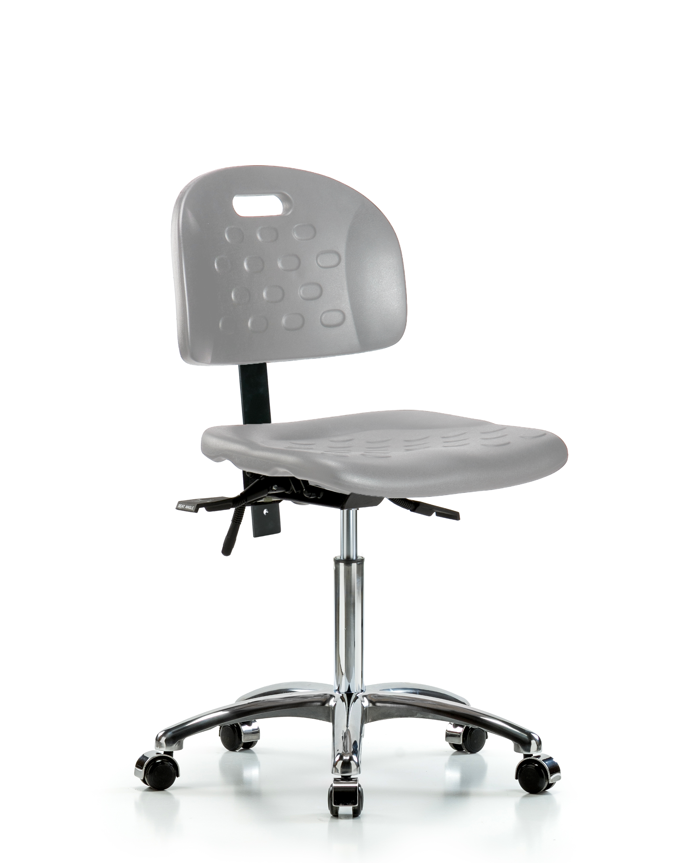 Newport Industrial Polyurethane Chair Chrome - Medium Bench Height with Adjustable Arms & Casters in Gray Polyurethane