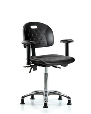 Newport Industrial Polyurethane Chair Chrome - Medium Bench Height with Adjustable Arms & Stationary Glides in Black Polyurethane