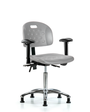 Newport Industrial Polyurethane Chair Chrome - Medium Bench Height with Adjustable Arms & Stationary Glides in Gray Polyurethane