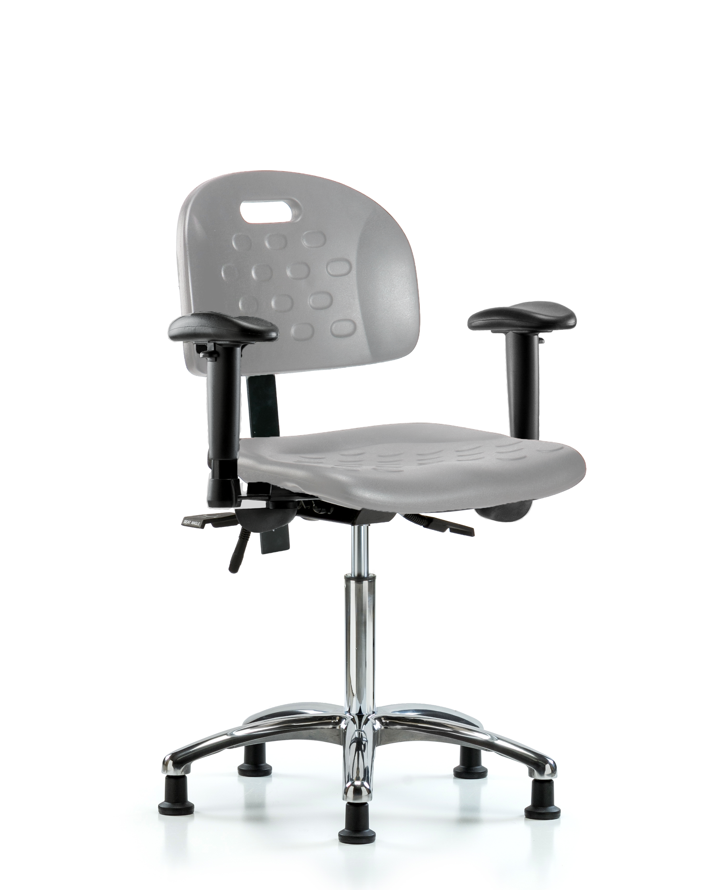 Newport Industrial Polyurethane Chair Chrome - Medium Bench Height with Adjustable Arms & Stationary Glides in Gray Polyurethane