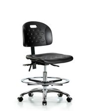 Newport Industrial Polyurethane Chair Chrome - Medium Bench Height with Seat Tilt, Chrome Foot Ring, & Casters in Black Polyurethane